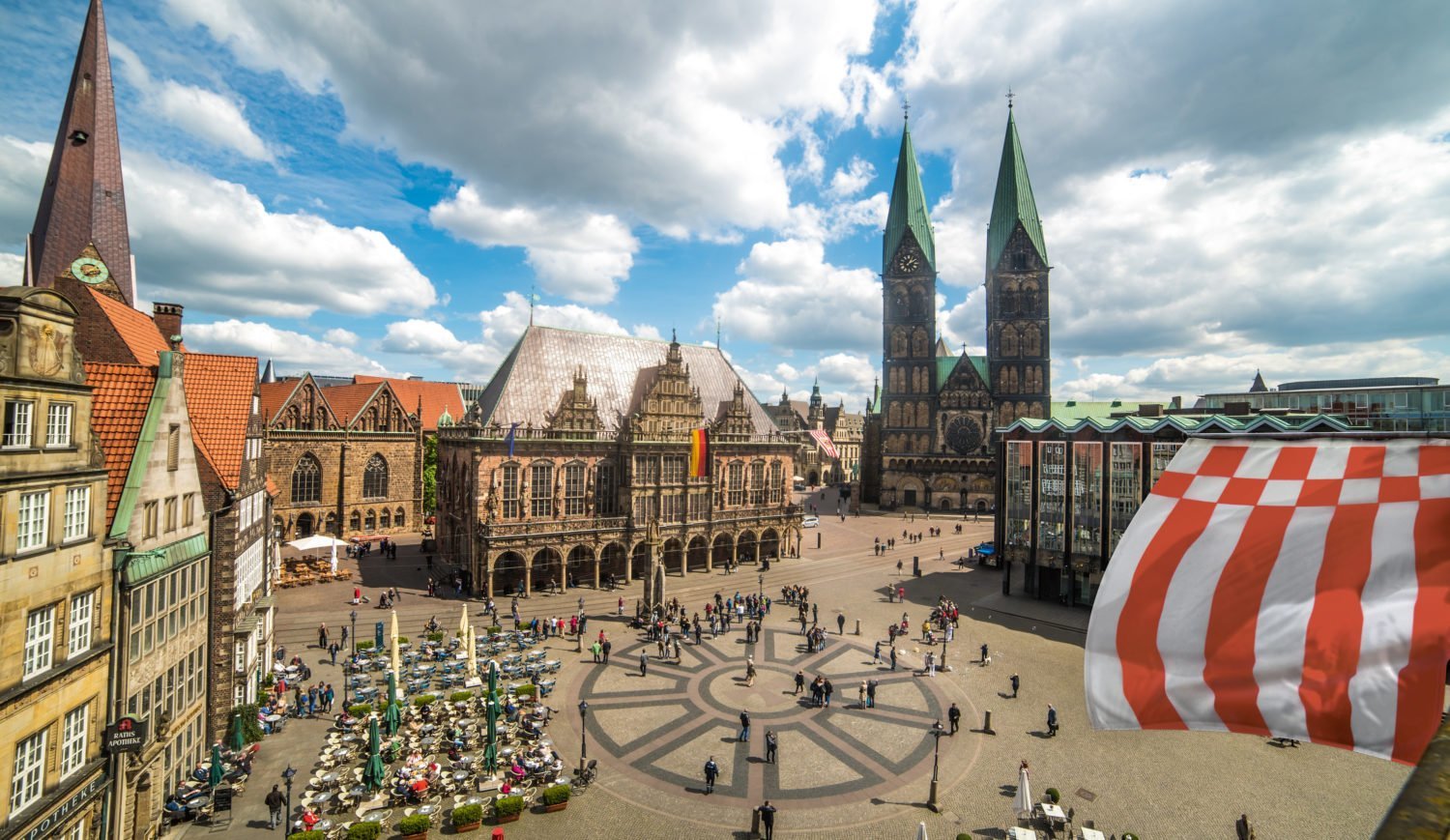 Bremen Marktplatz with the historic Rathaus, St. Petri Dom, and the Bürgerschaft, viewed from above